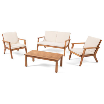 Temecula Outdoor Acacia Wood 4 Seat Chat Set With Cushions, Brown Patina Finish and Cream