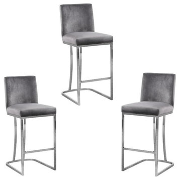 Home Square 3 Piece Silver Metal Base Velvet Counter Height Stool Set in Gray