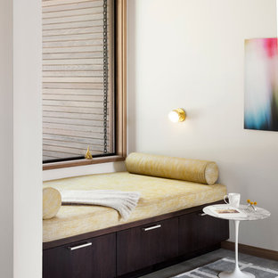 Design ideas for a large modern study in San Francisco with white walls, porcelain flooring and a built-in desk.