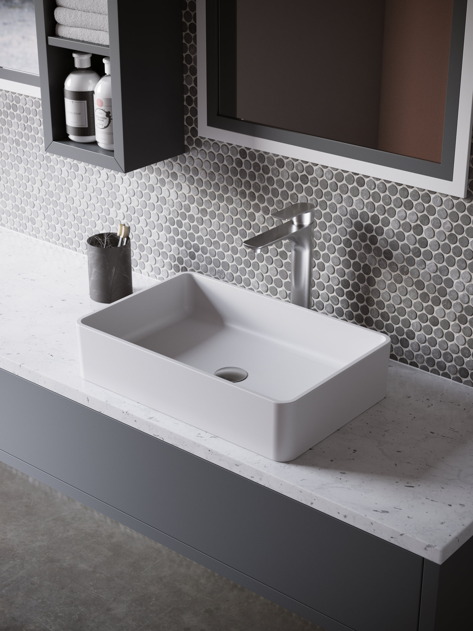 Karran White Acrylic 21" Rectangular Vessel Sink and Faucet Kit, Stainless Steel