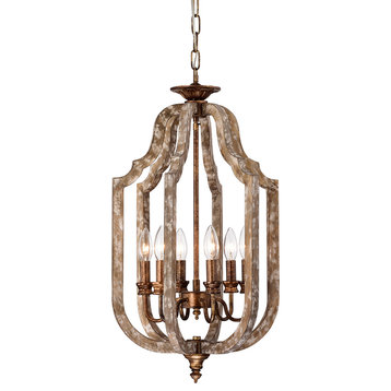 6-Light Wood and Antique Gold Cage Lantern Pendant
