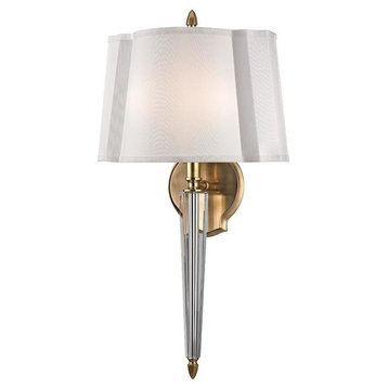 Oyster Bay, Two Light Wall Sconce, Aged Brass Finish, White Faux Silk Shade