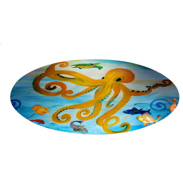 Sea life round chenille area rugs from my art. Approximately 60", Yellow Octopus