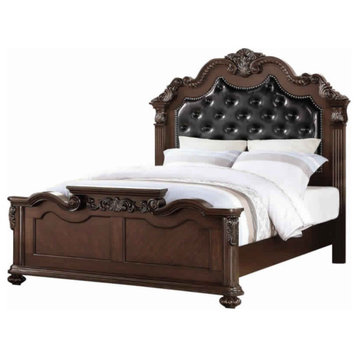 Benzara BM168658 Carved/Upholstered Black PU Tufted Wooden E.King Bed, Walnut