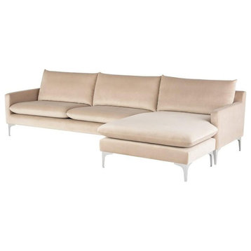 Anders Reversible Sectional, Nude Velour Seat/Brushed Stainless Legs