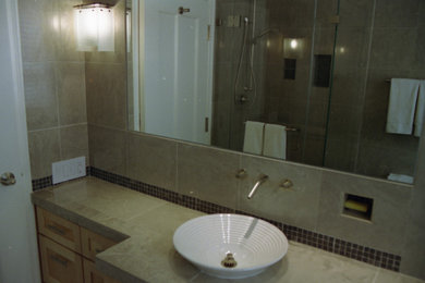 Bathroom - mid-sized modern master single-sink bathroom idea in San Francisco with light wood cabinets and a built-in vanity