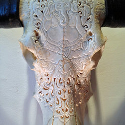 Hand Carved Skull - Water Buffalo, Ganesha Design, White - Artwork