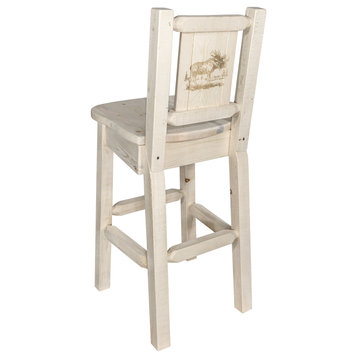 Homestead Barstool With Back With Laser Engraved Moose, Clear Lacquer Finish, Re