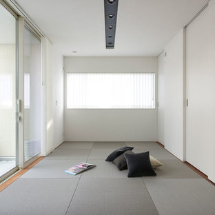 Inspiration för ett funkis vardagsrum, med vita väggar och tatamigolv