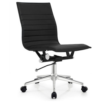 Modern Office Chair Armless With Wheels  Mid Back Ribbed PU Leather Adjustable, Black