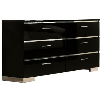 Benzara BM233810 63 Inches 6 Drawer Dresser With Metal Legs, Black and Chrome