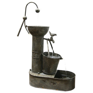 34" Tall Outdoor 3-Tier Rustic Metal Water Pump Fountain