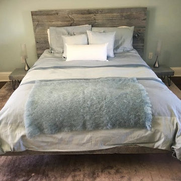 Floating platform bed, Reclaimed wood, nightstands with hairpin legs, White wash