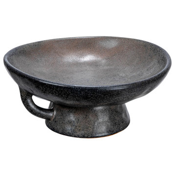 Stoneware Bowl with Handle and Base, Black Reactive Glaze