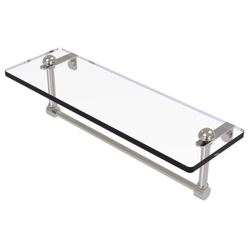 16" Glass Vanity Shelf with Integrated Towel Bar, Satin Nickel