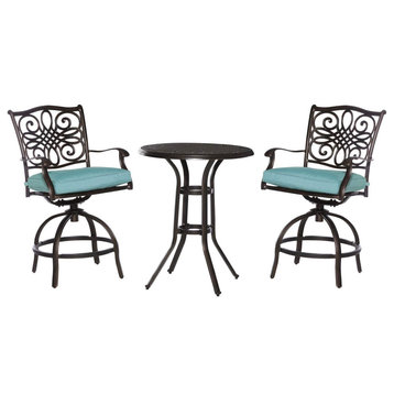 3 Pieces Patio Bistro Set, Swiveling Cushioned Chairs With Rounded Table, Blue
