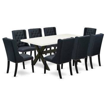 East West Furniture X-Style 9-piece Wood Dining Room Table Set in Black Finish