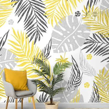 Yellow & Grey Tropical Leaves , Room Wallpaper