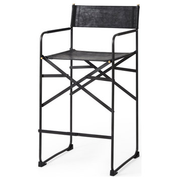 Direttore Black Genuine Leather Seat with Black Metal Frame Counter Stool