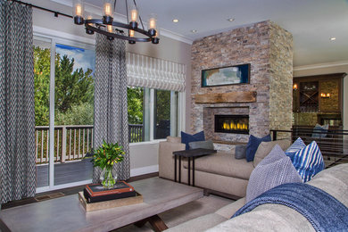 Inspiration for a mid-sized transitional formal and loft-style dark wood floor living room remodel in Orange County with beige walls, a stone fireplace and a ribbon fireplace