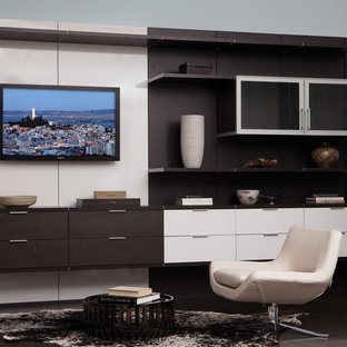 Photo of a medium sized open plan home cinema in San Francisco with blue walls, concrete flooring and a wall mounted tv.
