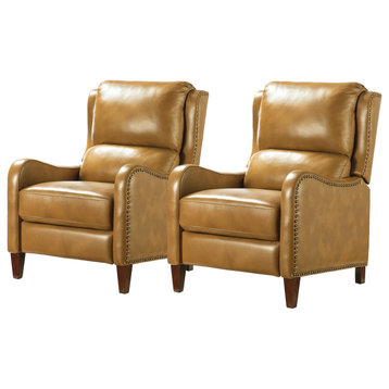 Genuine Leather Recliner With Nailhead Trim Set of 2, Camel