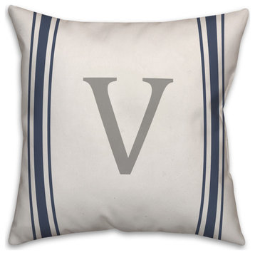 Blue Farmhouse Stripe Monogram - V 18x18 Spun Poly Pillow