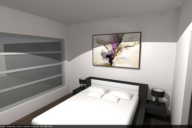 Design ideas for a large modern master bedroom in Adelaide with white walls, medium hardwood floors and brown floor.