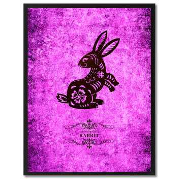 Rabbit Chinese Zodiac Purple Print on Canvas with Picture Frame, 13"x17"