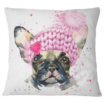French Bulldog With Pink Hat Contemporary Animal Throw Pillow, 18"x18"