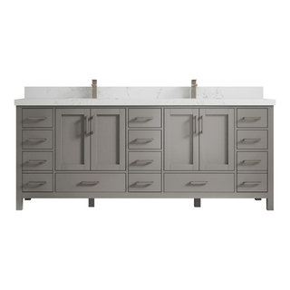 Farmhouse 72 in Double Sink Bathroom Vanity in Grey with Calacatta Gold  Quartz Countertop