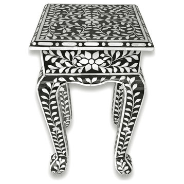 Floral Bone Inlay French Style 12 Inch Black & White Accent Table / End Table