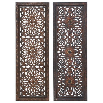 Benzara BM01881 Floral Hand Carved Wooden Wall Panels, Assortment Of Two, Brown