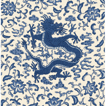 Indigo Chi'en Dragon Scalamandre Self Adhesive Wallpaper, Sample