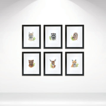 "Woodland Littles 2" Set of Six Framed Prints With Mat, Black, 11x14