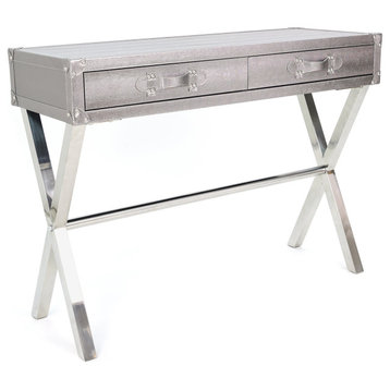 Eclectic Console Table, X-Shaped Base With Faux Lizard Skin Leather Top, Silver