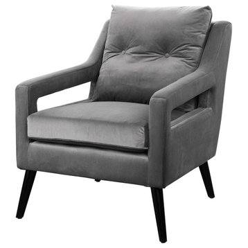 Retro Modern Gray Velvet Arm Chair Vintage Thick Cushion Deep Scandi Open Frame