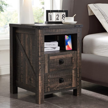Farmhouse Design End Table with 2 Drawers Storage Cabinet for Living Room, Dark Rustic Oak