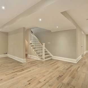 Design ideas for a medium sized traditional basement in Toronto with grey walls and light hardwood flooring.