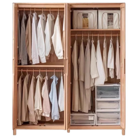 Oak Solid Wood Wardrobe, Natural Wood, 70.9x22x78.7", 4-Door One-Piece Wardrobe