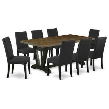 East West Furniture V-Style 9-piece Wood Dining Set in Jacobean/Black