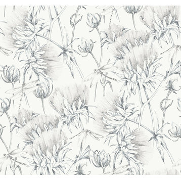 2973-90402 Mariell Dragonfly Wallpaper with Feathery Flowers in Grey White