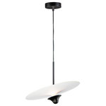 ET2 Lighting - Radar LED 1-Light Pendant - Soft ambient light is cast indirectly off the contoured white reflector by LED cleverly concealed in the Black cup centered on the disc. Light can be directed by adjusting the gimbaled reflector.
