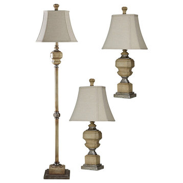 Set Of 3 Lamps 1 Floor 2 Table In Antique Caramel With Natural Line Shades