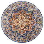 Nourison - Nourison Reseda Area Rug, Blue, 5' Round - Gorgeous shades of navy, crimson and cream light up a show-stopping bordered medallion and botanical design to slip easily and elegantly into any setting. Created from an extra-glossy, velvety and robust polyester blend, this Reseda area rug from Nourison is expertly designed to look as fabulous as it feels while withstanding even heavy wear.