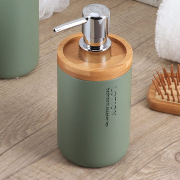 Chic Matte Green Soap Dispenser With Natural Bamboo Accent Polyresin Hand Wash