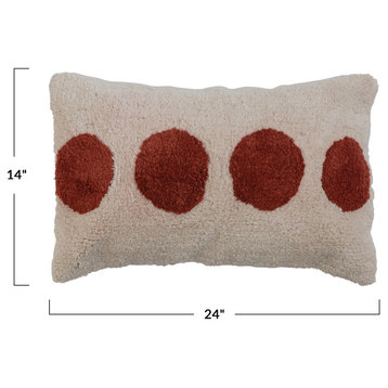 Cotton Tufted Lumbar Pillow with Dots and Chambray Back, Cream and Rust