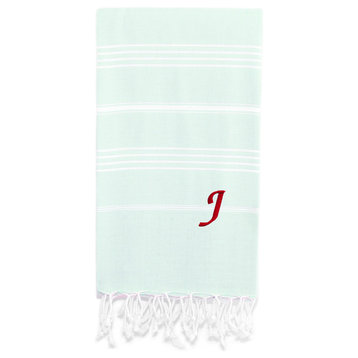 Lucky Pestemal Towel, Soft Aqua, Chancery Red Font, J