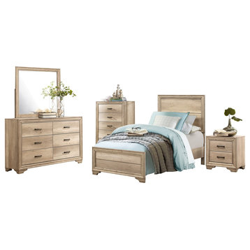 5-Piece Landen Twin Bed, Dresser, Mirror, Nightstand, Chest Sun-bleach Wood