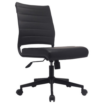 Mid Back Swivel Boss Ribbed PU Leather Office Chair Modern Ergonomic, All Black